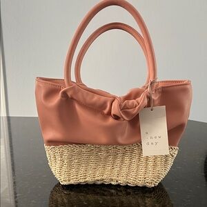 A New Day Coral and Woven Tan Tote